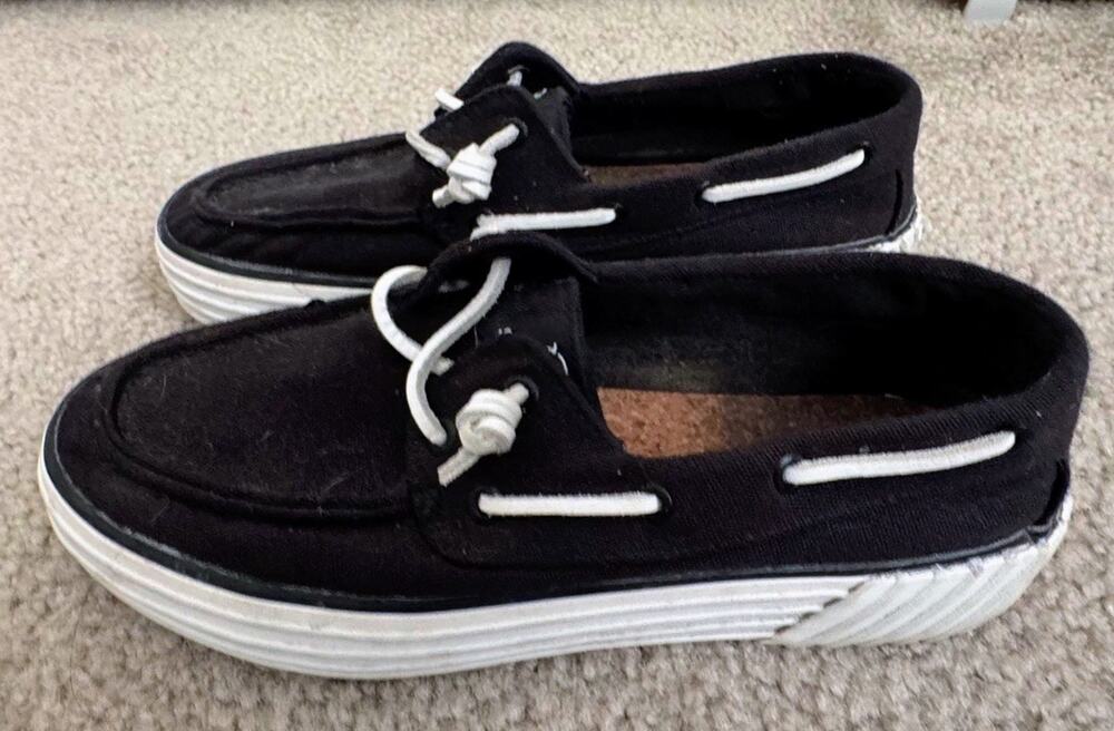 Sperry SeaCycled Womens 7.5 Black Platform Boat Shoes Canvas Loafers NWOT